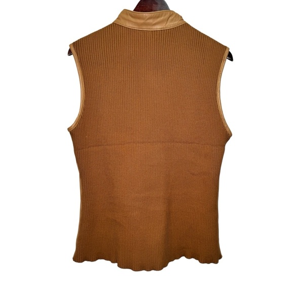 Peck and Peck Tan Brown Genuine Leather Sweater Back Vest Full Zip Closure Large - Picture 10 of 11